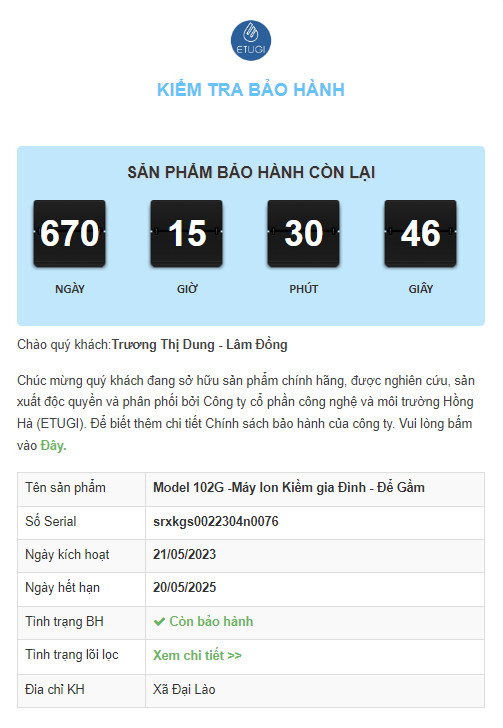 Ảnh kích hoạt bảo hành online máy lọc nước ion kiềm Etugi - Trương Thị Dung, Lâm Đồng